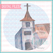 Load image into Gallery viewer, OLD CHURCH IN BLUE DOT CIRCLE WATERCOLOR ART