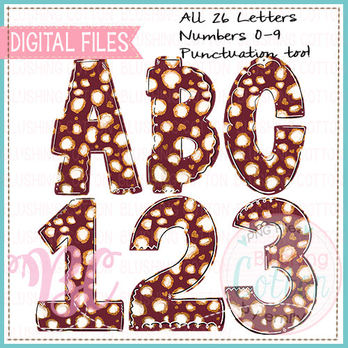 BURGUNDY AND GOLD LEOPARD SPARKLE ALPHA NUMBERS PUNCTUATION FONT BCBC