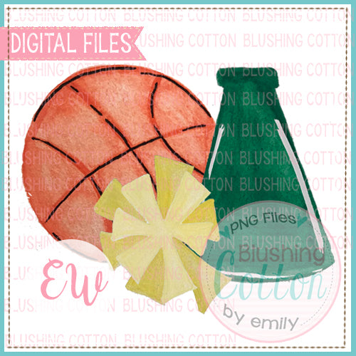 BASKETBALL MEGAPHONE POMPOM HUNTER GREEN AND GOLD WATERCOLOR DESIGN PNG DIGITAL FILE FOR PRINTING AND OTHER CRAFTS BCEW