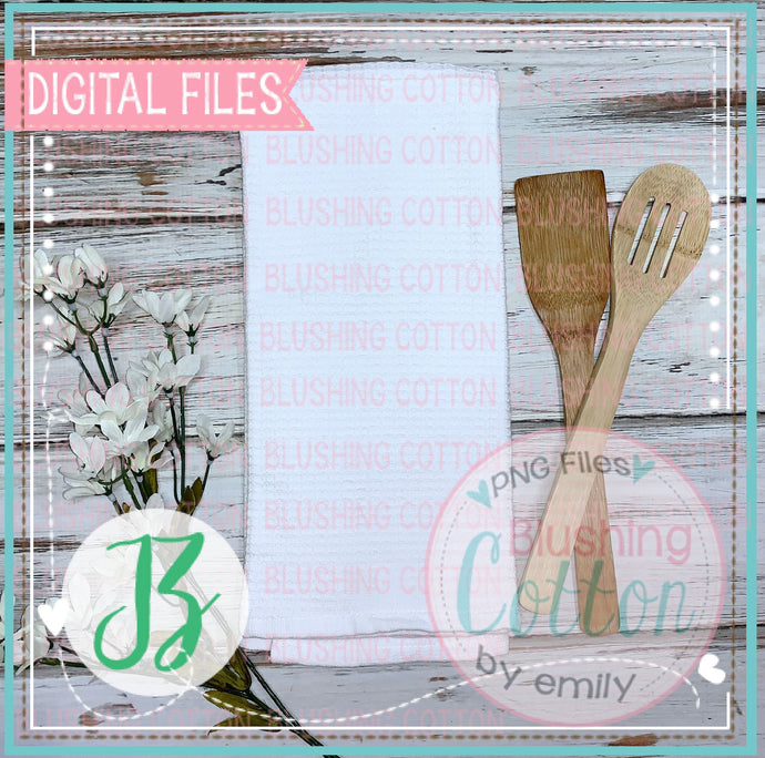 TEA TOWEL MOCK UP FLAT LAY WITH WHITE FLOWERS ACCENT PHOTO BCJZ