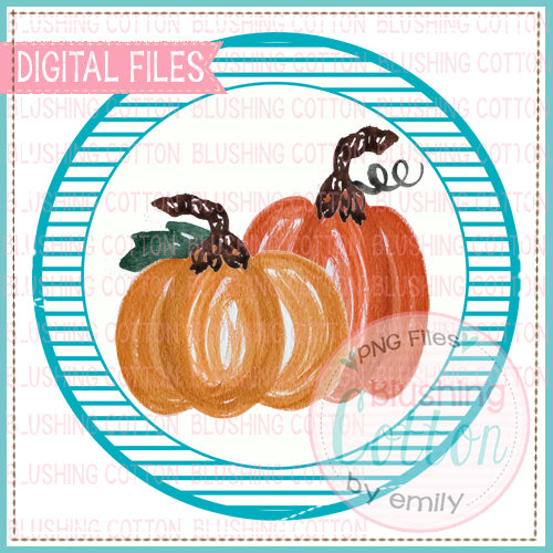 2 LITTLE PUMPKINS WITH TEAL STRIPE CIRCLE BACKGROUND DESIGN WATERCOLOR PNG BC