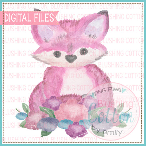 PINK FOX WITH FLOWERS WATERCOLOR ART