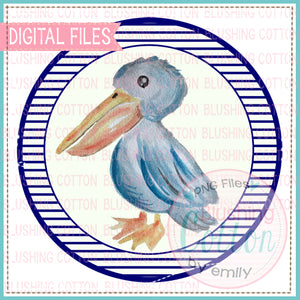 PELICAN WITH BLUE STRIPE BACKGROUND CIRCLE DESIGN WATERCOLOR PNG BC