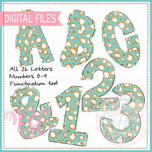 AQUA MINT & GOLD LEOPARD SPARKLE ALPHA NUMBERS PUNCTUATION FONT_BCBC