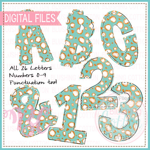 AQUA MINT & GOLD LEOPARD SPARKLE ALPHA NUMBERS PUNCTUATION FONT_BCBC