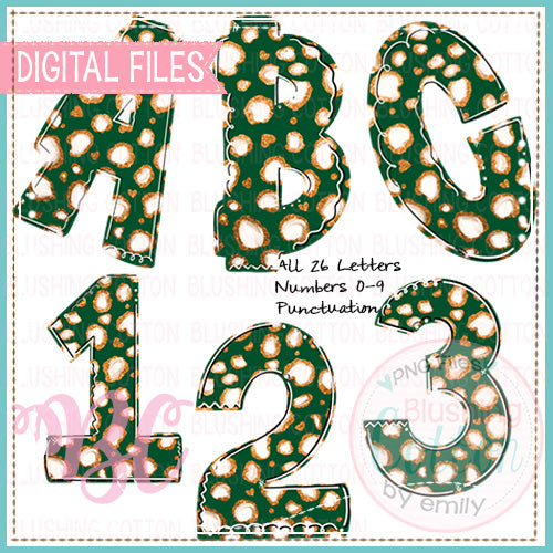 GREEN AND GOLD LEOPARD SPARKLE ALPHA NUMBERS PUNCTUATION FONT BCBC