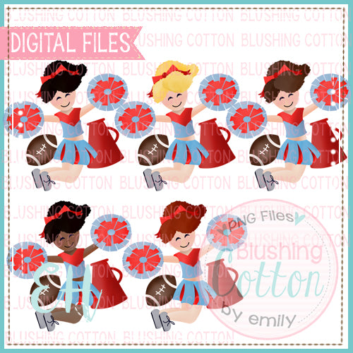 JUNIE CHEERLEADER CURLY HAIR LIGHT BLUE AND RED UNIFORM BUNDLE WATERCOLOR DESIGN BCEH