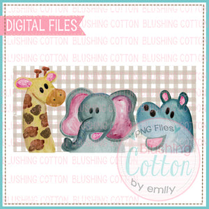 GIRAFFE ELEPHANT HIPPO TRIO WITH TAN GINGHAM BACKGROUND WATERCOLOR DESIGN BCEH