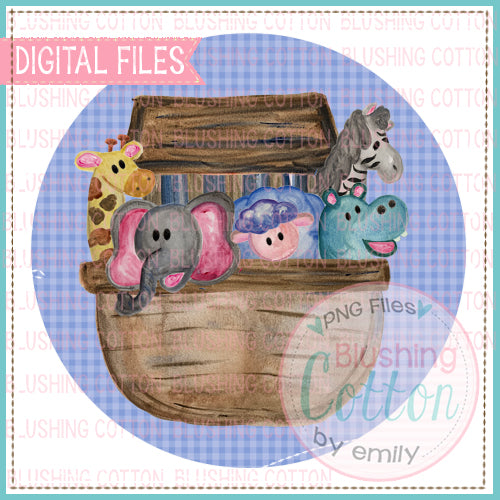 NOAH'S ARK WITH BLUE GINGHAM CIRCLE BACKGROUND WATERCOLOR DESIGN BCEH