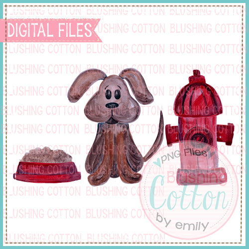 CURIOUS PUPPY DOG FOOD HYDRANT TRIO WATERCOLOR DESIGN BCEH