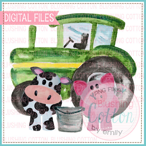 GREEN TRACTOR PIG AND COW WATERCOLOR DESIGN BCEH