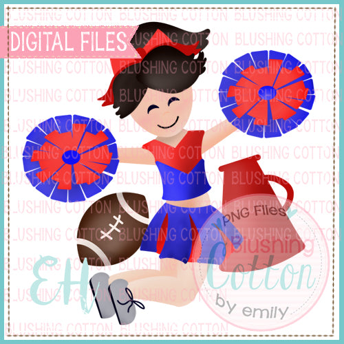 JUNIE CHEERLEADER BLACK HAIR BLUE RED UNIFORM WATERCOLOR DESIGN BCEH