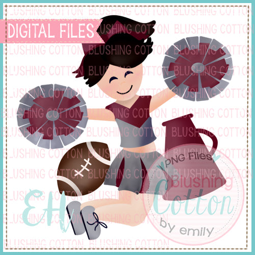 JUNIE CHEERLEADER BLACK HAIR MAROON GREY UNIFORM WATERCOLOR DESIGN BCEH