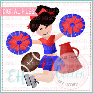 JUNIE CHEERLEADER CURLY BLACK HAIR BLUE AND RED UNIFORM WATERCOLOR DESIGN BCEH
