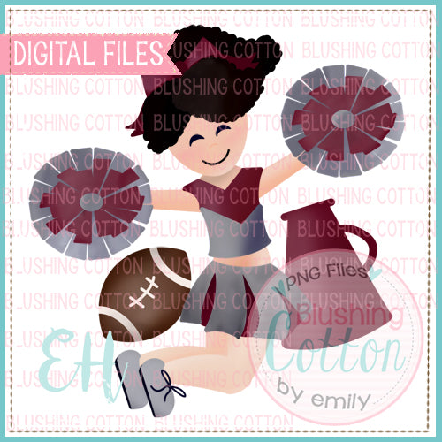 JUNIE CHEERLEADER CURLY BLACK HAIR MAROON AND GREY UNIFORM WATERCOLOR DESIGN BCEH