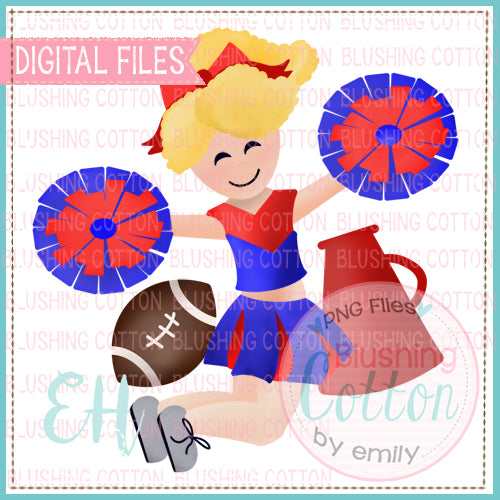 JUNIE CHEERLEADER CURLY BLONDE HAIR BLUE AND RED UNIFORM WATERCOLOR DESIGN BCEH