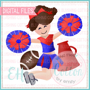 JUNIE CHEERLEADER CURLY BROWN HAIR BLUE AND RED UNIFORM WATERCOLOR DESIGN BCEH