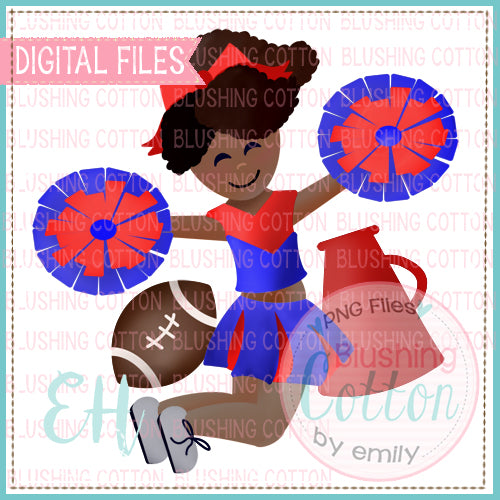 JUNIE CHEERLEADER CURLY HAIR DARK SKIN BLUE AND RED UNIFORM WATERCOLOR DESIGN BCEH