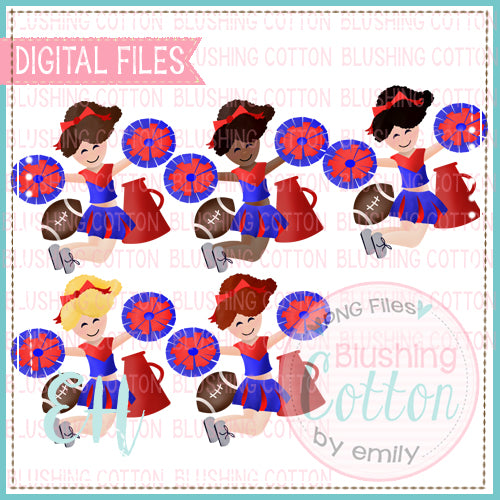 JUNIE CHEERLEADER CURLY HAIR BLUE AND RED UNIFORM BUNDLE WATERCOLOR DESIGN BCEH