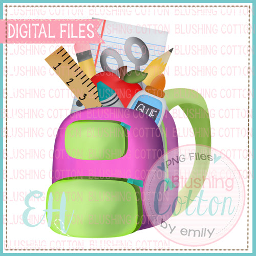SCHOOL GIRL BACKPACK WITH SUPPLIES WATERCOLOR DESIGN BCEH