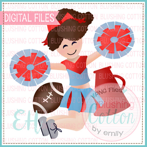 JUNIE CHEERLEADER BROWN CURLY HAIR LIGHT BLUE AND RED BCEH WATERCOLOR DESIGN BCEH