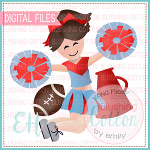 JUNIE CHEERLEADER BROWN HAIR LIGHT BLUE AND RED BCEH WATERCOLOR DESIGN BCEH