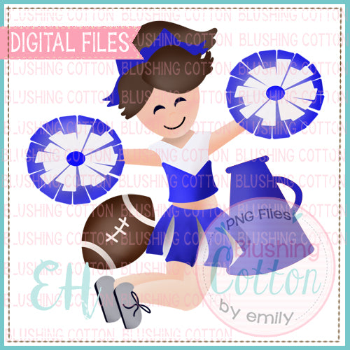 JUNIE CHEERLEADER BROWN HAIR  BLUE AND WHITE BCEH WATERCOLOR DESIGN BCEH
