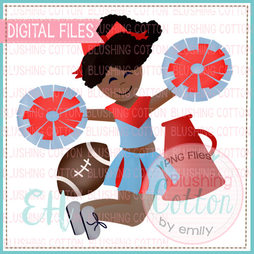 JUNIE CHEERLEADER  DARK SKIN CURLY HAIR LIGHT BLUE AND RED BCEH WATERCOLOR DESIGN BCEH