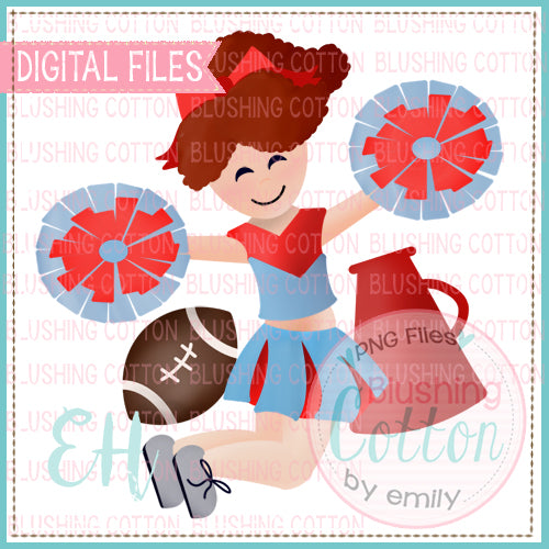 JUNIE CHEERLEADER RED CURLY HAIR LIGHT BLUE AND RED BCEH WATERCOLOR DESIGN BCEH