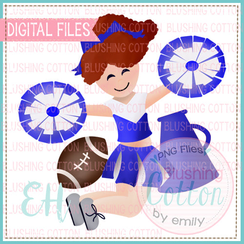 JUNIE CHEERLEADER RED CURLY HAIR BLUE AND WHITE BCEH WATERCOLOR DESIGN BCEH