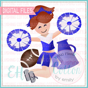 JUNIE CHEERLEADER RED HAIR BLUE AND WHITE BCEH WATERCOLOR DESIGN BCEH