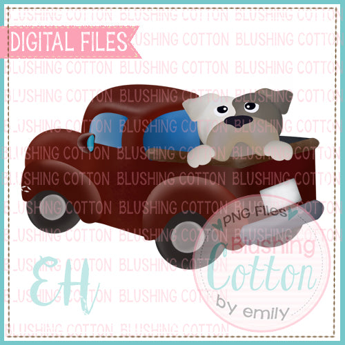DRIVING MAROON TRUCK WITH BULLDOG WATERCOLOR DESIGNS BCEH