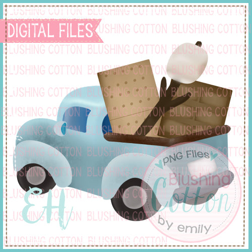 DRIVING LIGHT BLUE TRUCK WITH SMORES WATERCOLOR DESIGNS BCEH