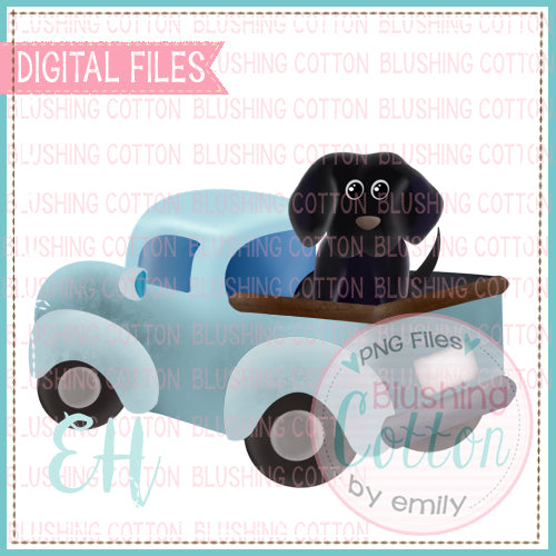 DRIVING LIGHT BLUE TRUCK WITH BLAZE BLACK LAB DOG WATERCOLOR DESIGNS BCEH
