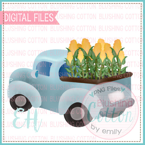 DRIVING LIGHT BLUE TRUCK WITH CORN WATERCOLOR DESIGNS BCEH