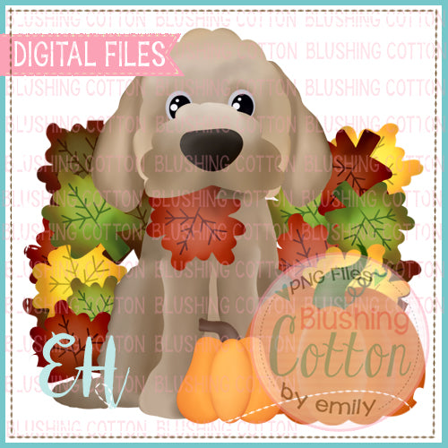 SAMUEL GOLDEN DOODLE DOG IN LEAVES WITH PUMPKINS DESIGN BCEH