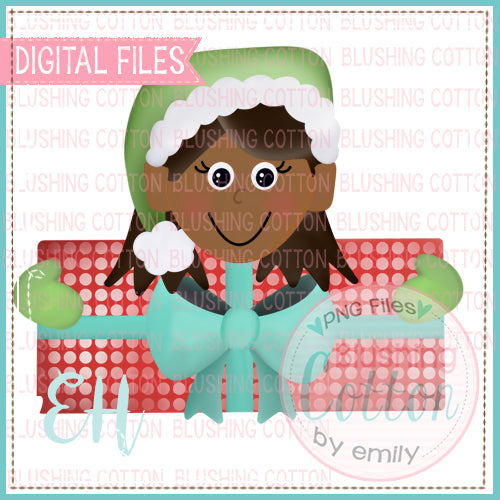 TINSEL ELF WITH PRESENT DARK SKIN GIRL WITH BROWN HAIR - BCEH