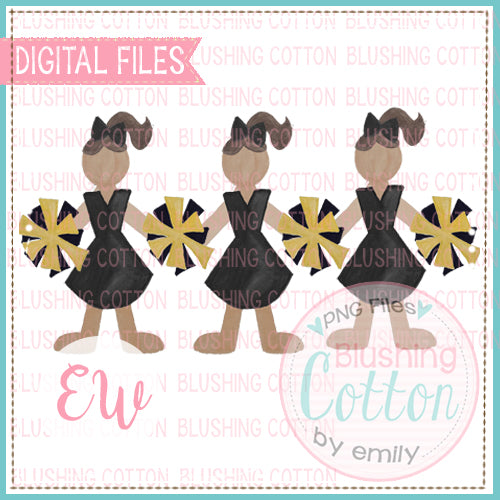 CHEERLEADER TRIO BLACK AND GOLD DESIGN WATERCOLOR PNG BCEW