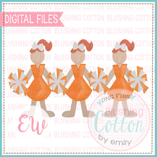 CHEERLEADER TRIO WITH ORANGE AND WHITE UNIFORMS AND RED HAIR DESIGN WATERCOLOR PNG BCEW