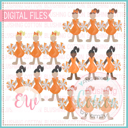 CHEERLEADER TRIO ORANGE AND WHITE WITH ALL COLOR HAIR PLUS AFRICAN AMERICAN SET WATERCOLOR PNG BCEW