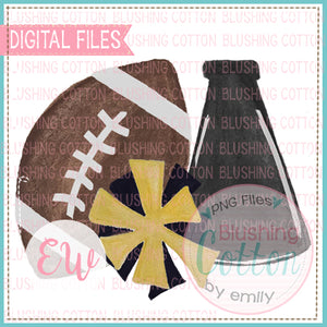 FOOTBALL MEGAPHONE POMPOM BLACK AND GOLD DESIGN WATERCOLOR PNG BCEW