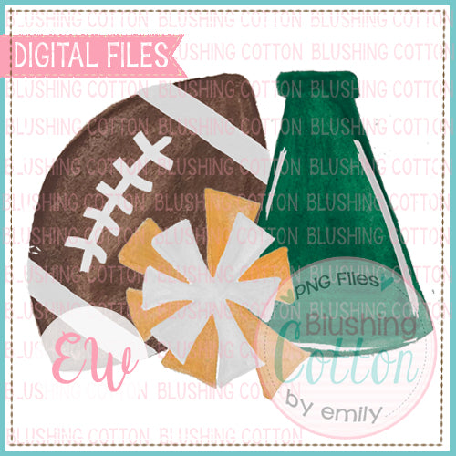 FOOTBALL MEGAPHONE POMPOM HUNTER GREEN AND ORANGE DESIGN WATERCOLOR PNG BCEW