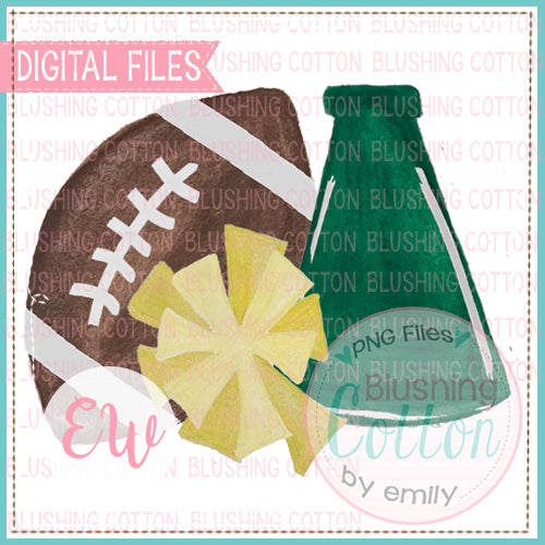 FOOTBALL MEGAPHONE POMPOM HUNTER GREEN AND YELLOW DESIGN WATERCOLOR PNG BCEW