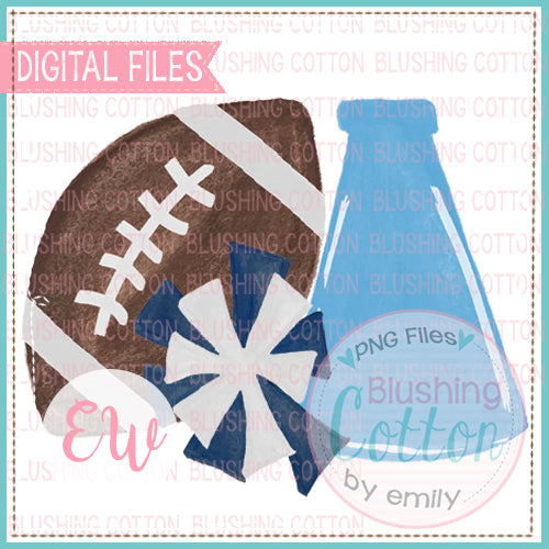 FOOTBALL MEGAPHONE POMPOM LIGHT BLUE NAVY AND WHITE DESIGN WATERCOLOR PNG BCEW