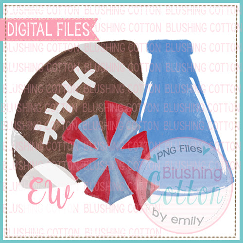 FOOTBALL MEGAPHONE POMPOM LIGHT BLUE AND RED DESIGN WATERCOLOR PNG BCEW