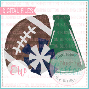 FOOTBALL MEGAPHONE POMPOM NAVY GREEN AND WHITE DESIGN WATERCOLOR PNG BCEW
