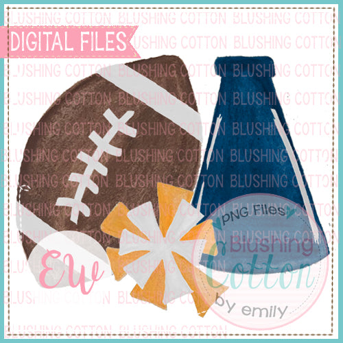 FOOTBALL MEGAPHONE POMPOM NAVY AND ORANGE DESIGN WATERCOLOR PNG BCEW