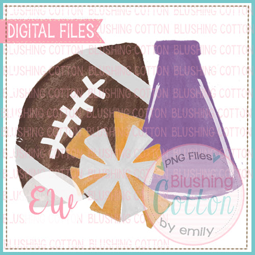 FOOTBALL MEGAPHONE POMPOM PURPLE ORANGE AND WHITE DESIGN WATERCOLOR PNG BCEW