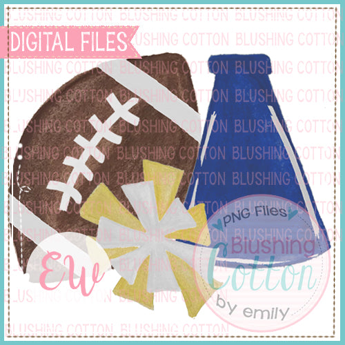 FOOTBALL MEGAPHONE POMPOM ROYAL BLUE YELLOW AND WHITE DESIGN WATERCOLOR PNG BCEW