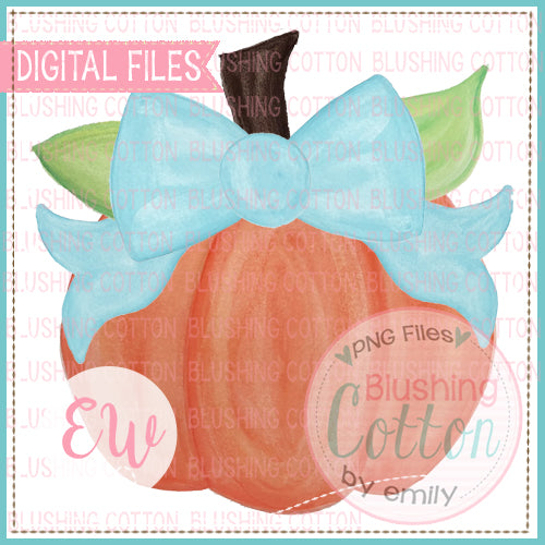 PUMPKIN WITH AQUA BOW WATERCOLOR ARTWORK DESIGN IN DIGITAL PNG FILE FOR PRINTING AND OTHER CRAFTS